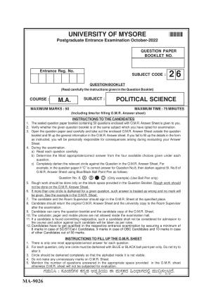 Mysore University PG Entrance Exam 2022: Political Science Question Paper