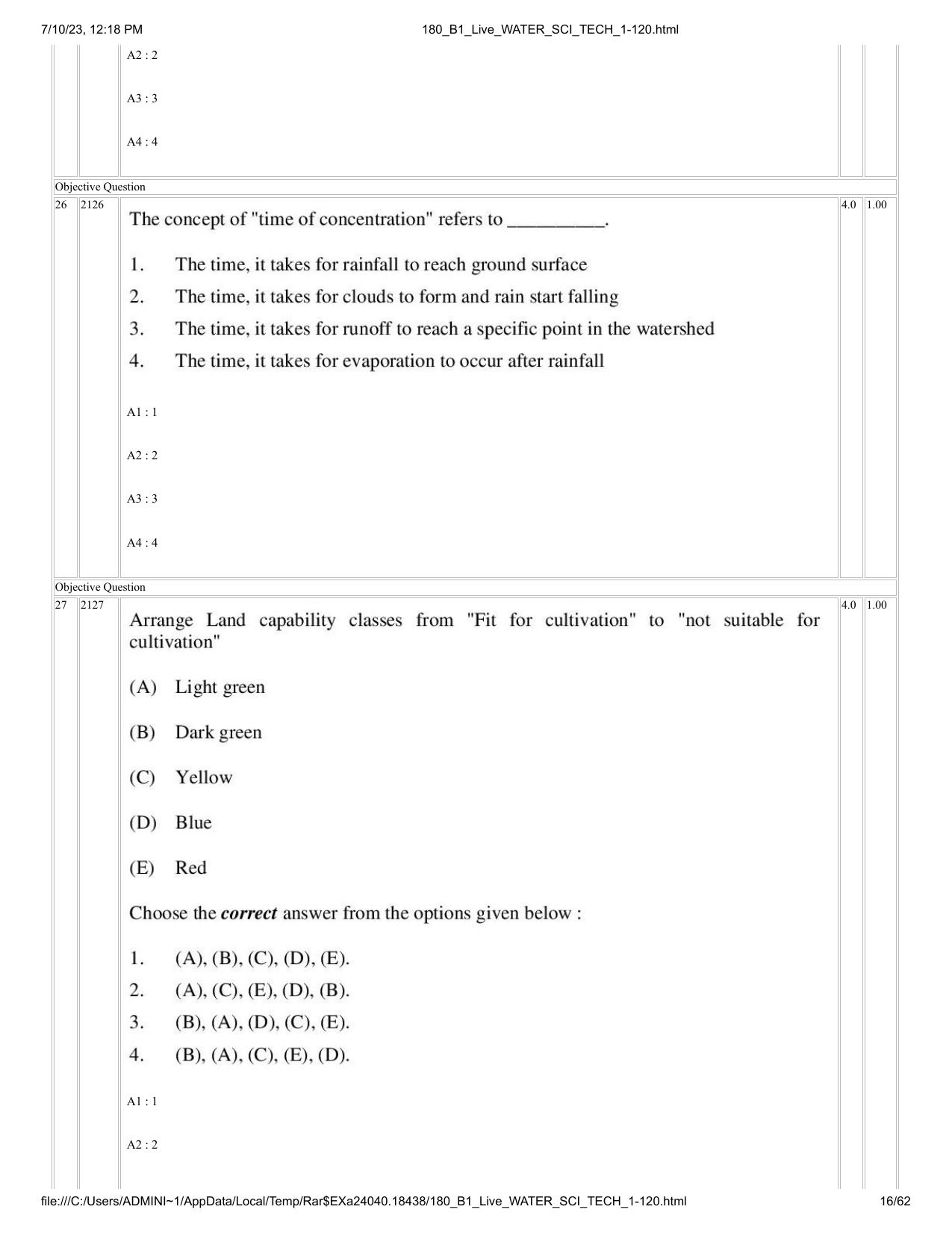 ICAR AIEEA PG 2023 WATER SCIENCE AND TECHNOLOGY Question Paper - Page 16