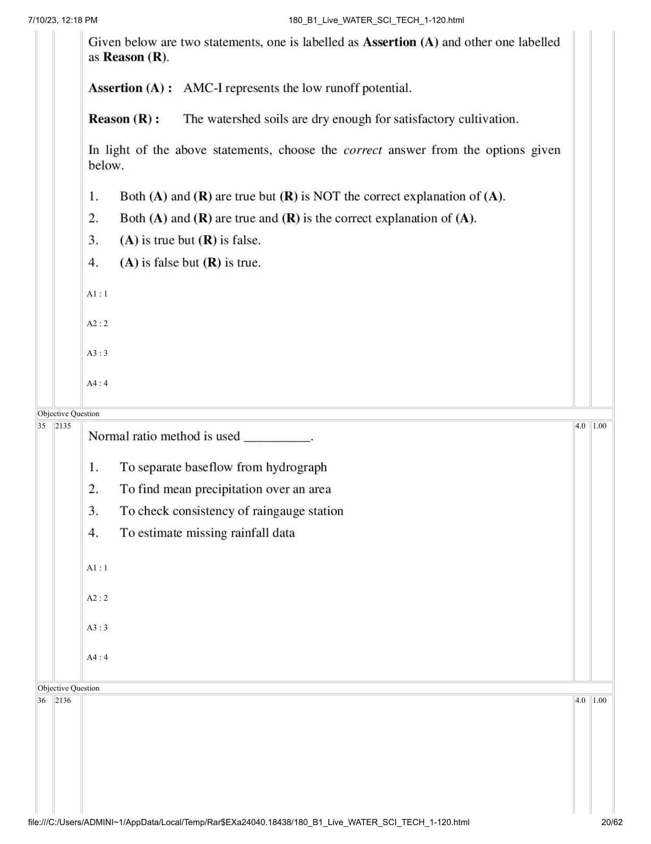 ICAR AIEEA PG 2023 WATER SCIENCE AND TECHNOLOGY Question Paper - Page 20