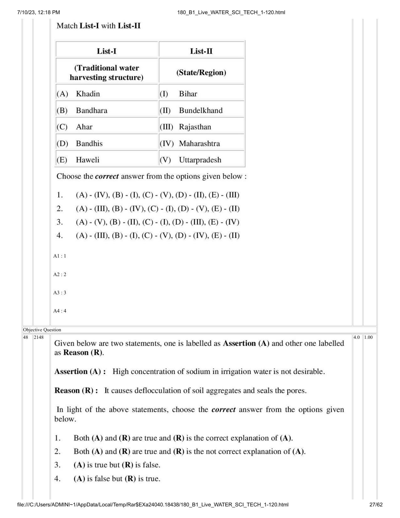 ICAR AIEEA PG 2023 WATER SCIENCE AND TECHNOLOGY Question Paper - Page 27