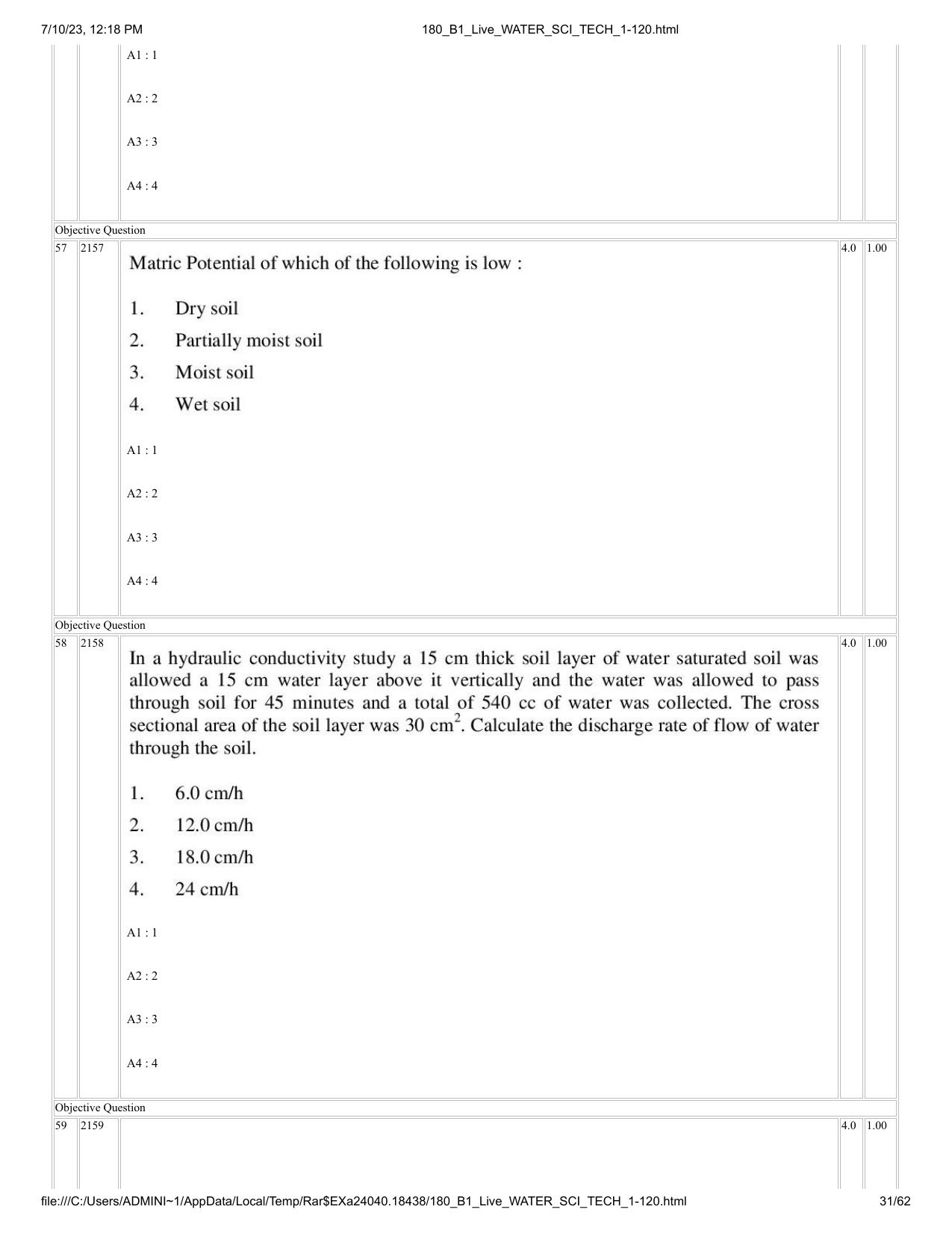 ICAR AIEEA PG 2023 WATER SCIENCE AND TECHNOLOGY Question Paper - Page 31