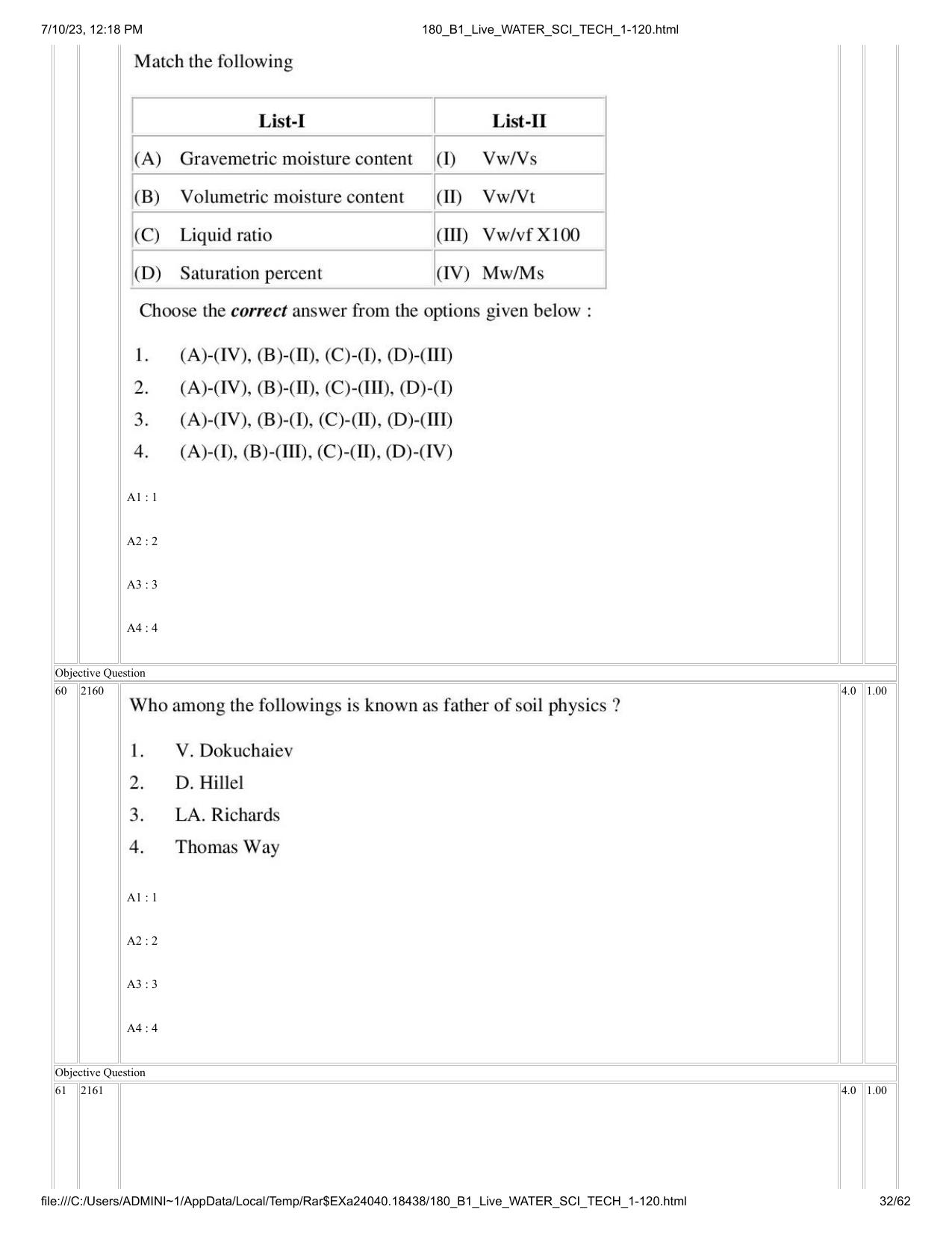 ICAR AIEEA PG 2023 WATER SCIENCE AND TECHNOLOGY Question Paper - Page 32