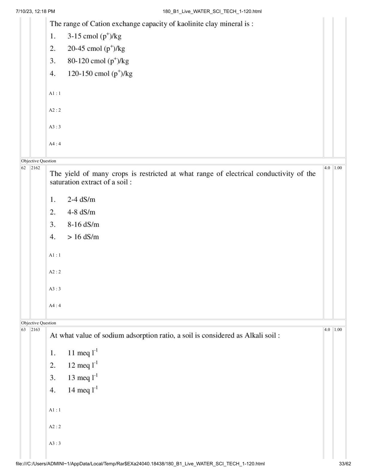 ICAR AIEEA PG 2023 WATER SCIENCE AND TECHNOLOGY Question Paper - Page 33