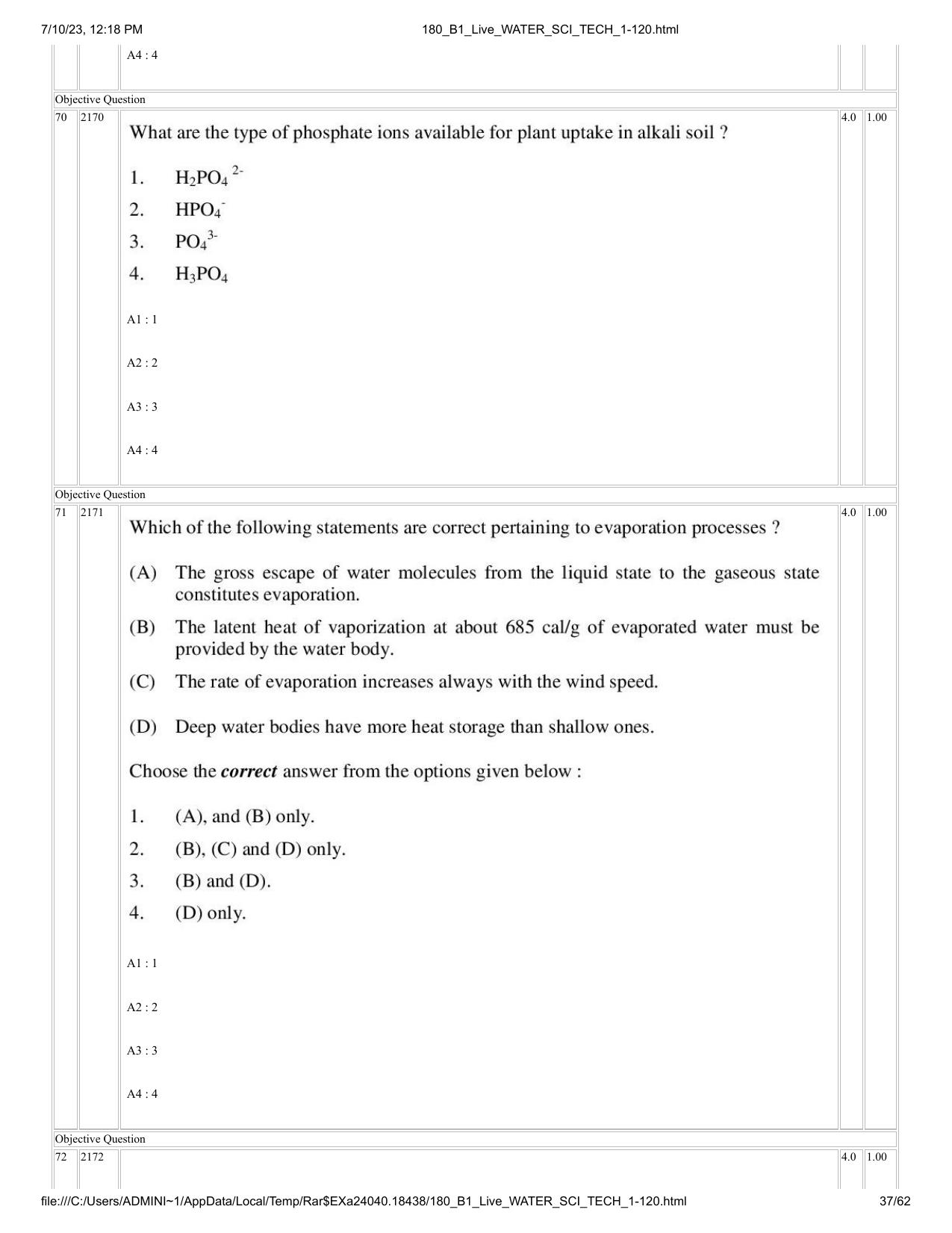 ICAR AIEEA PG 2023 WATER SCIENCE AND TECHNOLOGY Question Paper - Page 37