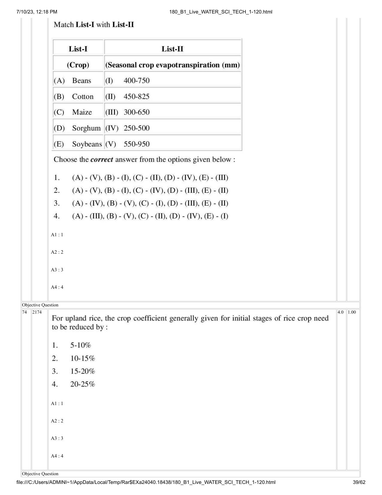 ICAR AIEEA PG 2023 WATER SCIENCE AND TECHNOLOGY Question Paper - Page 39