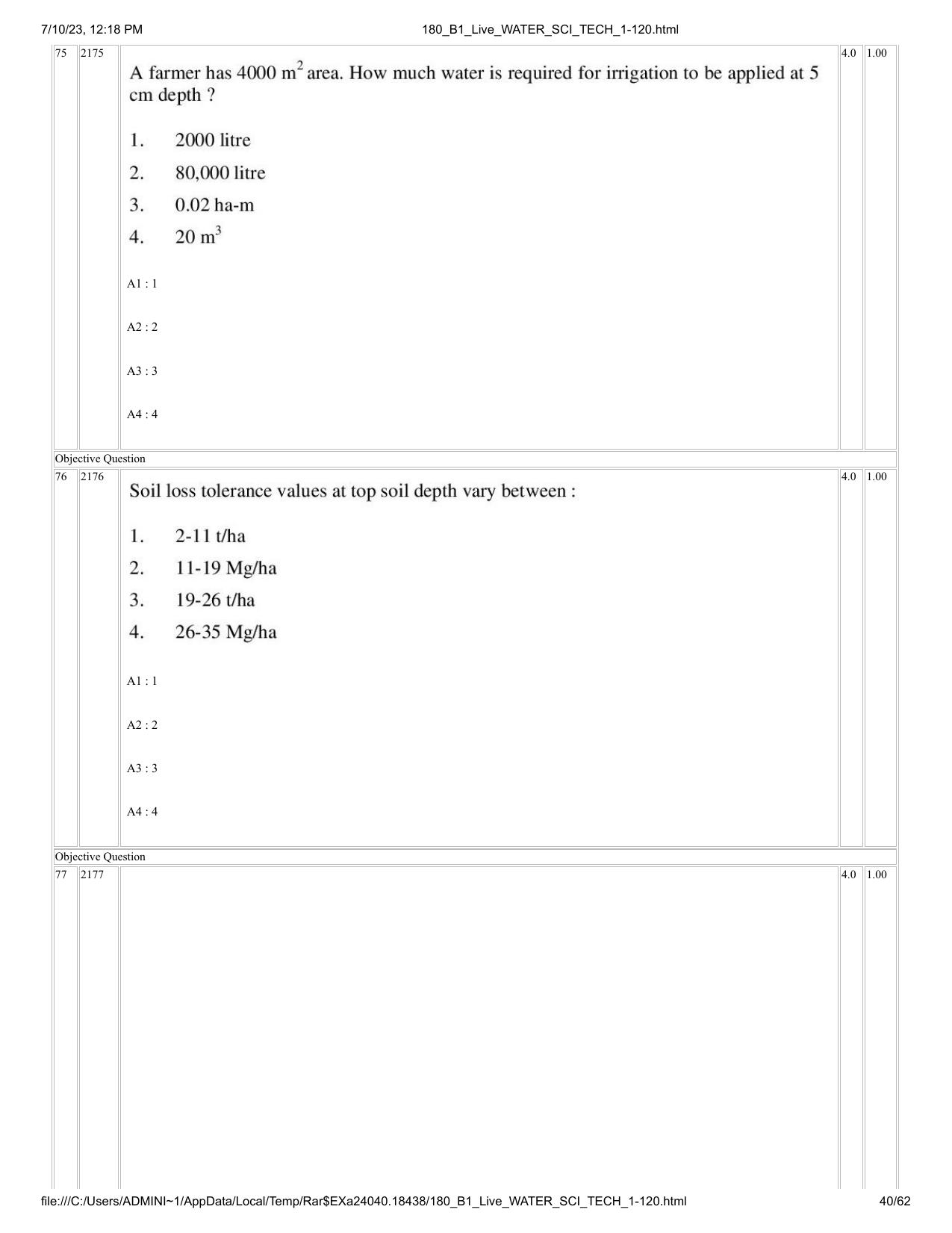 ICAR AIEEA PG 2023 WATER SCIENCE AND TECHNOLOGY Question Paper - Page 40