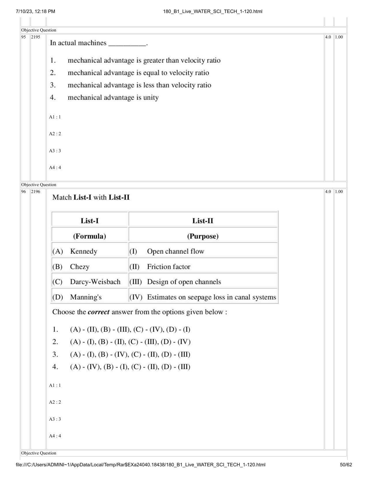 ICAR AIEEA PG 2023 WATER SCIENCE AND TECHNOLOGY Question Paper - Page 50