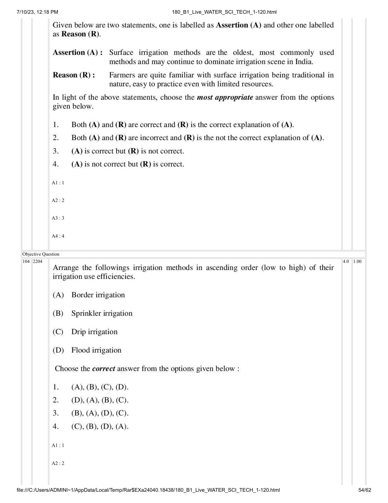 ICAR AIEEA PG 2023 WATER SCIENCE AND TECHNOLOGY Question Paper - Page 54