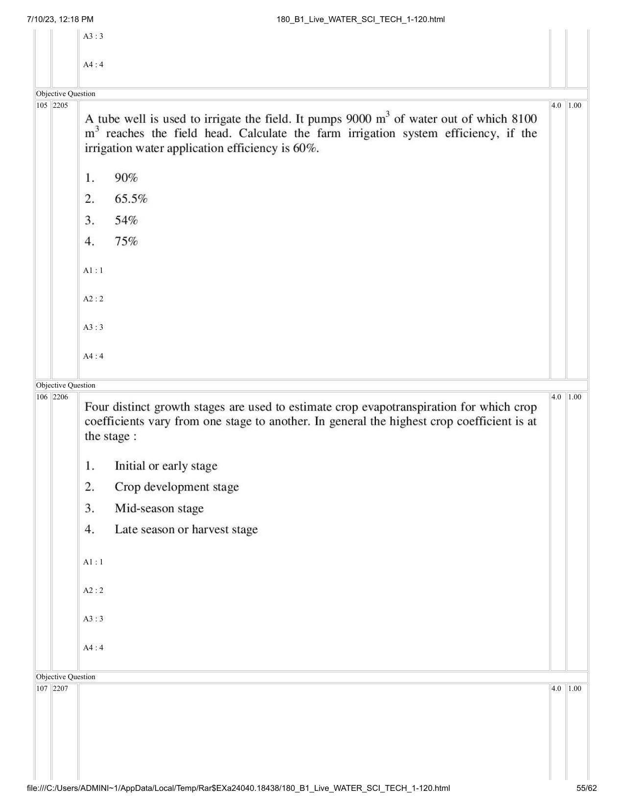 ICAR AIEEA PG 2023 WATER SCIENCE AND TECHNOLOGY Question Paper - Page 55