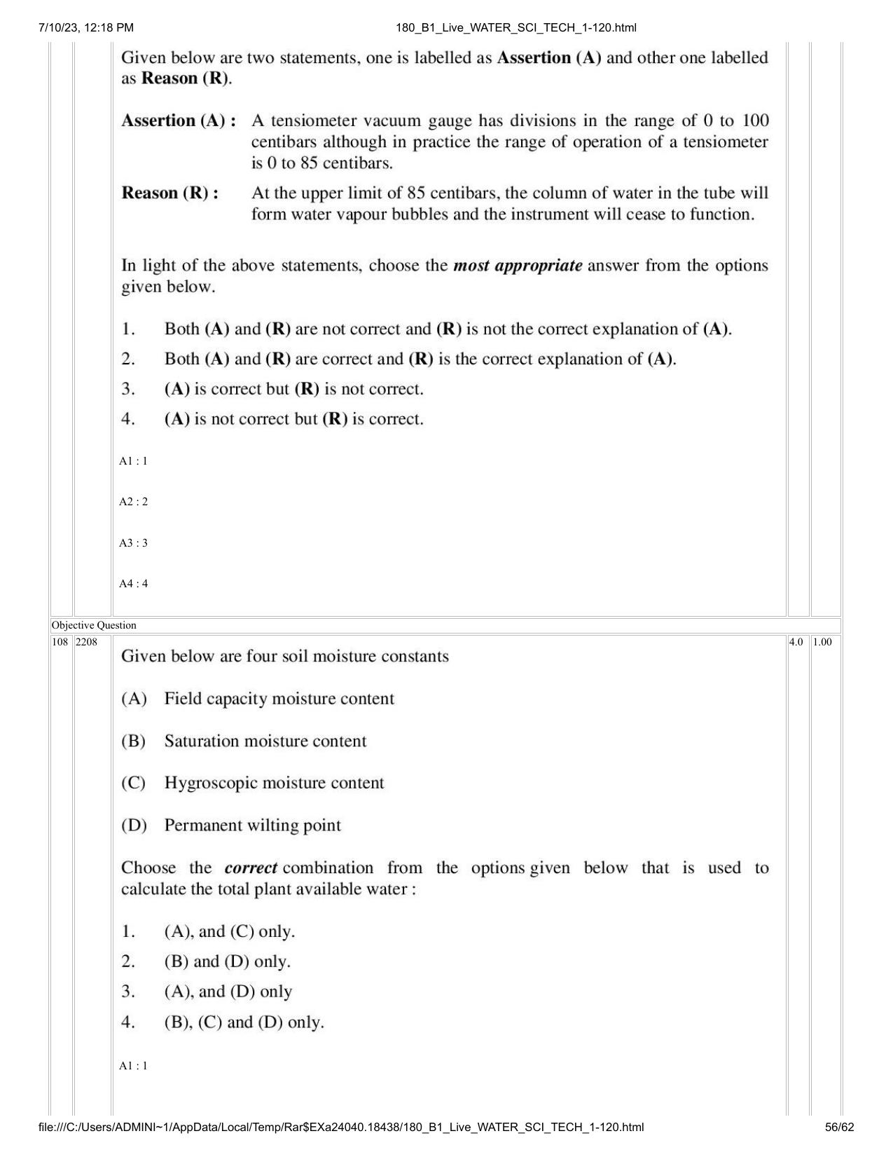 ICAR AIEEA PG 2023 WATER SCIENCE AND TECHNOLOGY Question Paper - Page 56
