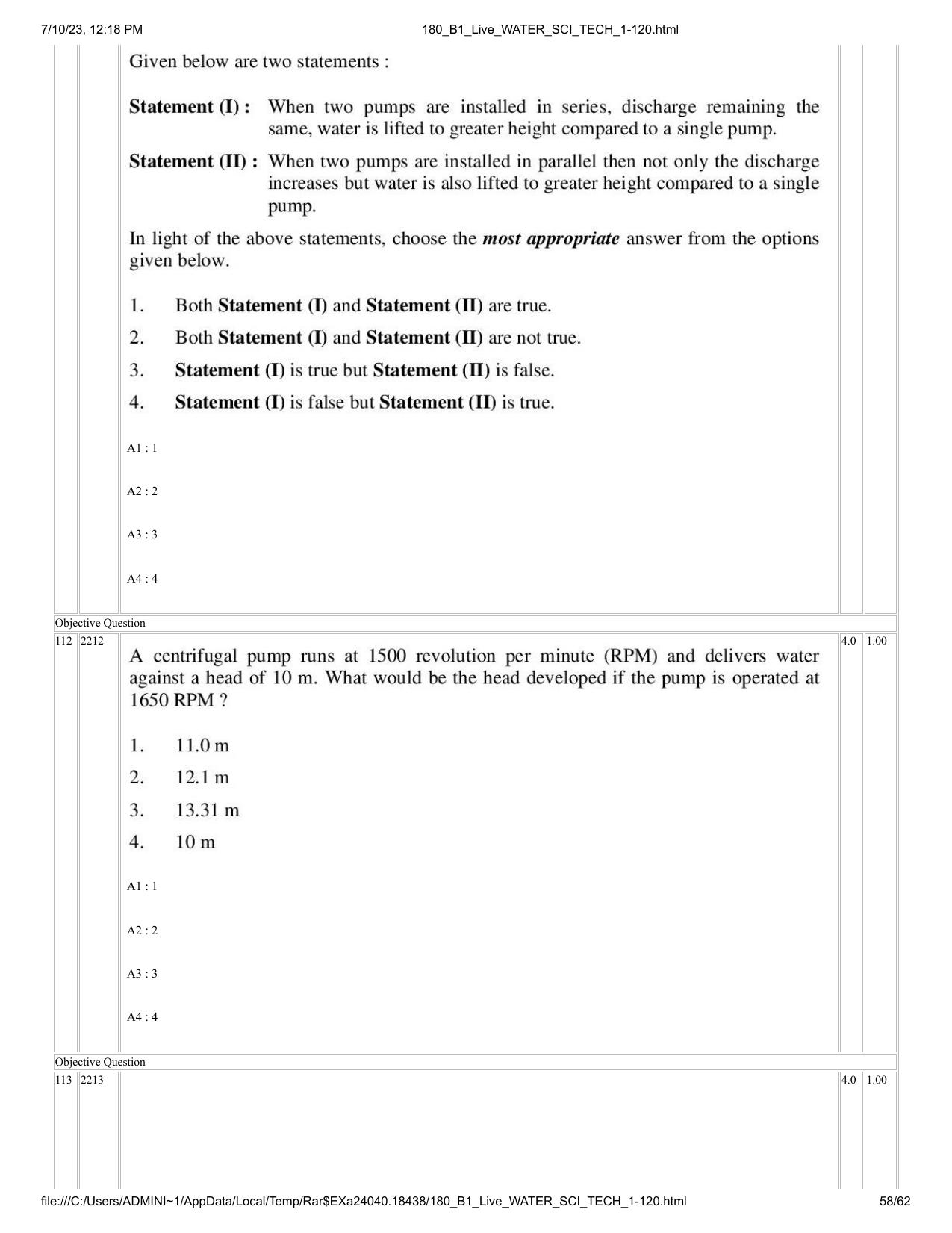 ICAR AIEEA PG 2023 WATER SCIENCE AND TECHNOLOGY Question Paper - Page 58
