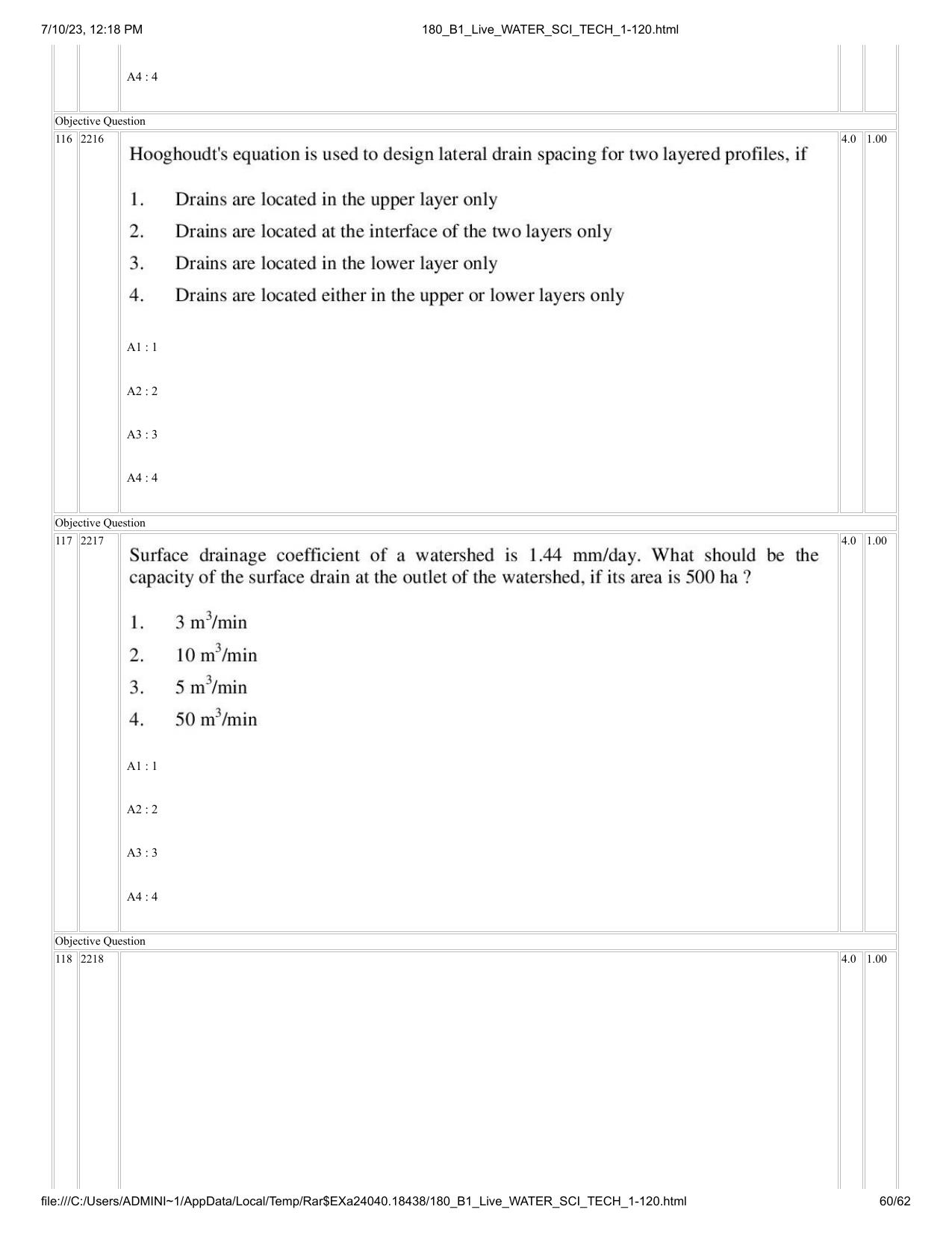 ICAR AIEEA PG 2023 WATER SCIENCE AND TECHNOLOGY Question Paper - Page 60