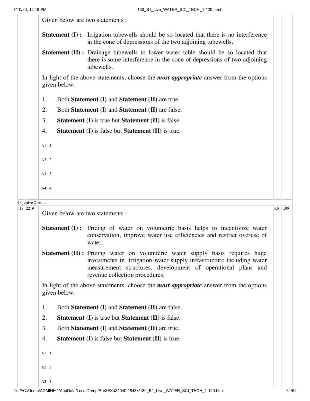 ICAR AIEEA PG 2023 WATER SCIENCE AND TECHNOLOGY Question Paper - Page 61