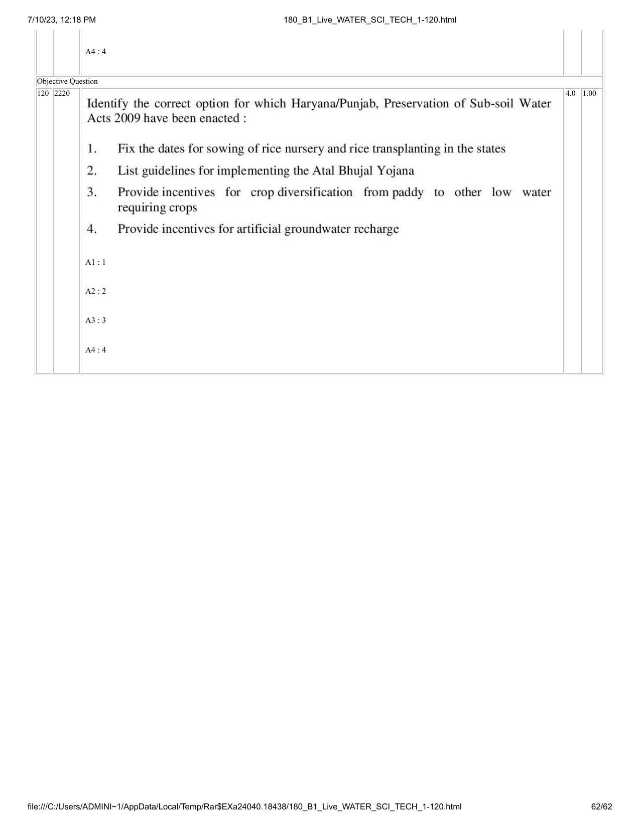 ICAR AIEEA PG 2023 WATER SCIENCE AND TECHNOLOGY Question Paper - Page 62