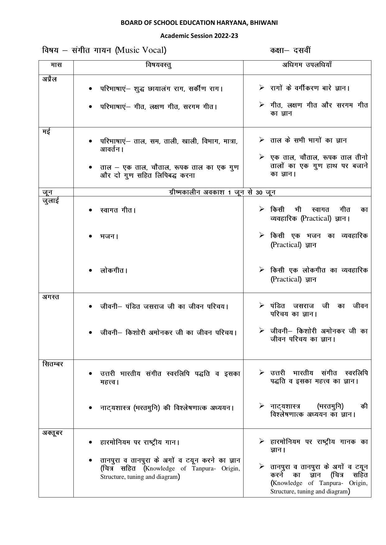 Haryana Board Class 10 Music Vocal Syllabus 2023 - Page 1