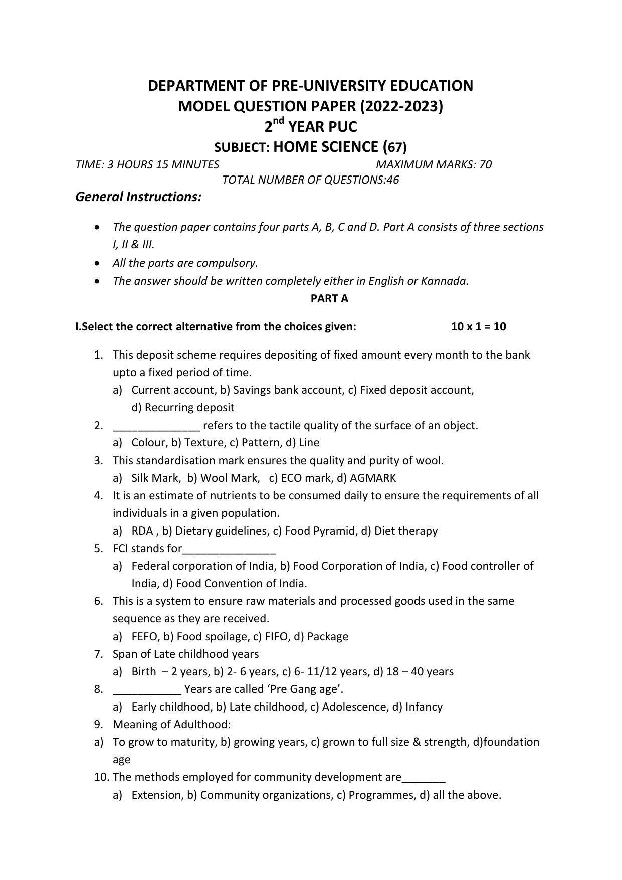 Karnataka II PUC Home Science Model Question Paper 2023 - Page 2