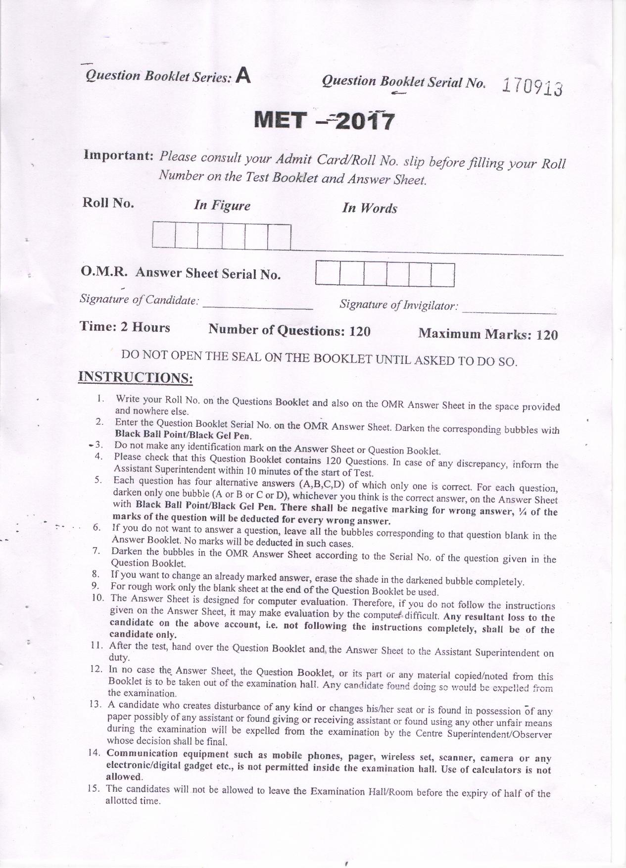PU MET 2017 Question Booklet with Key - Page 1