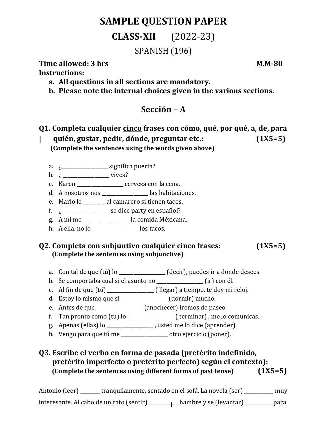 CBSE Class 12 Spanish Sample Paper 2023 - Page 1