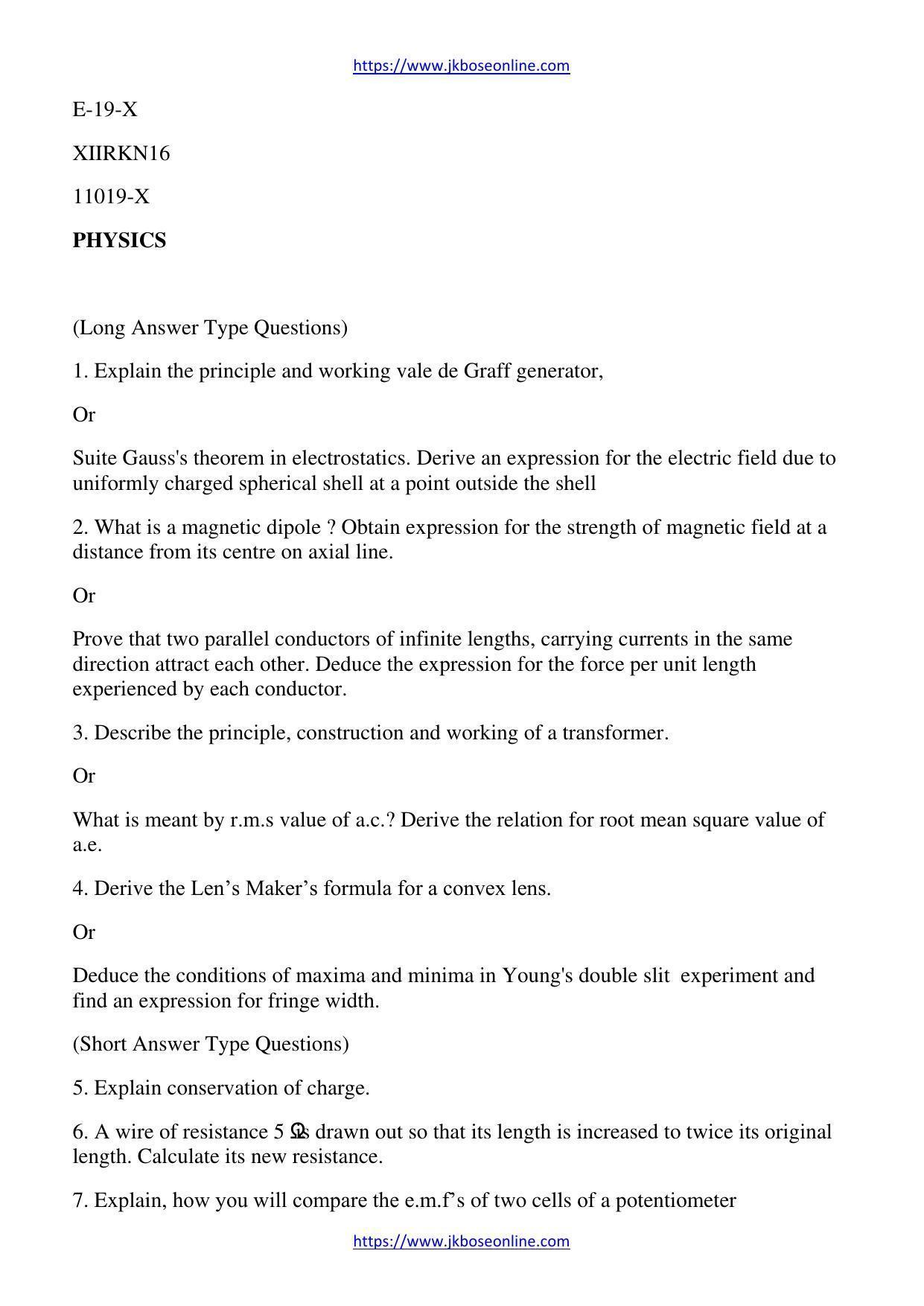 JKBOSE Class 12 Physics Question Papers 2016 (11019-X) - Page 1