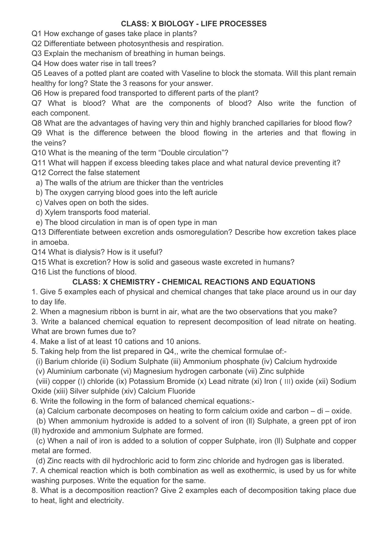 CBSE Worksheets for Class 10 Biology Life Procees Assignment 3 - Page 1
