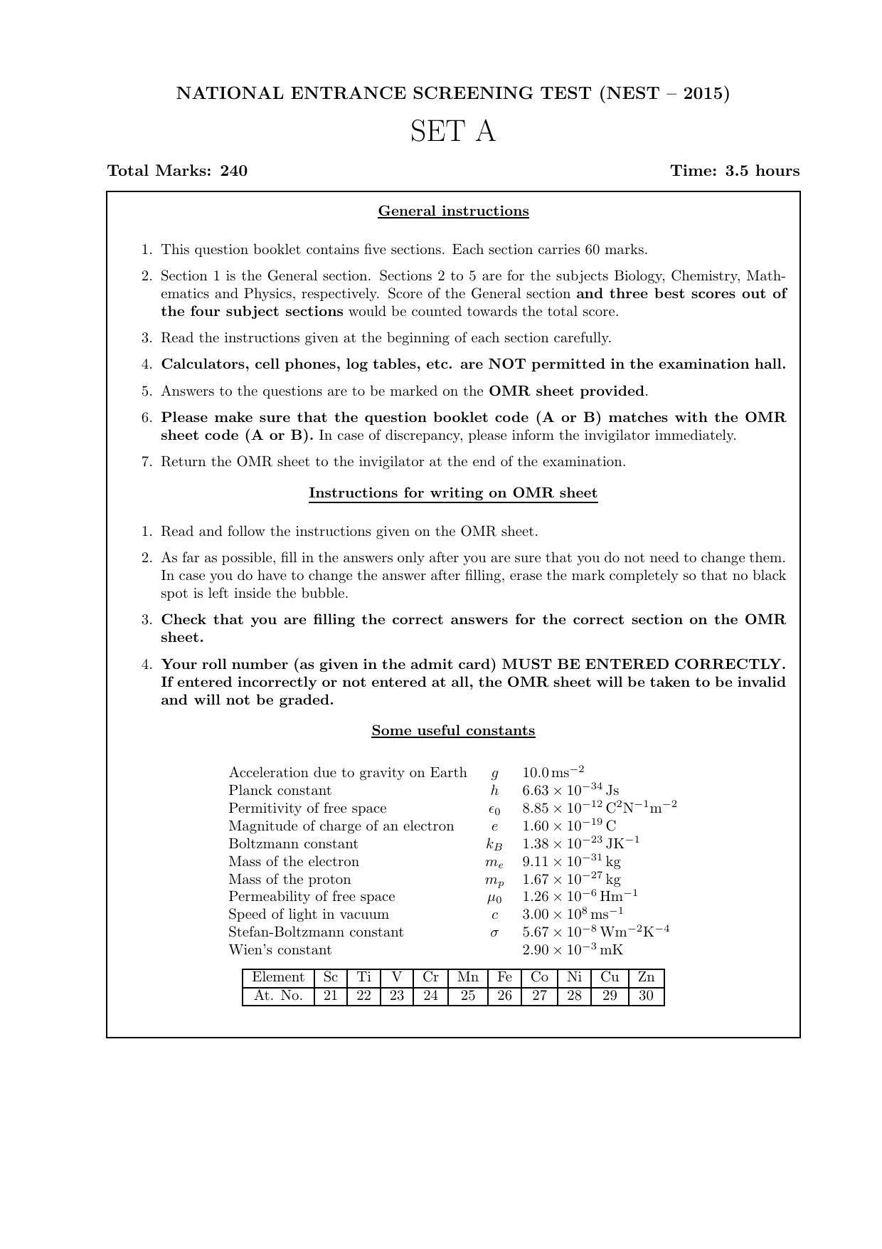 LPU NEST Question Papers 2015 SET A - Page 1