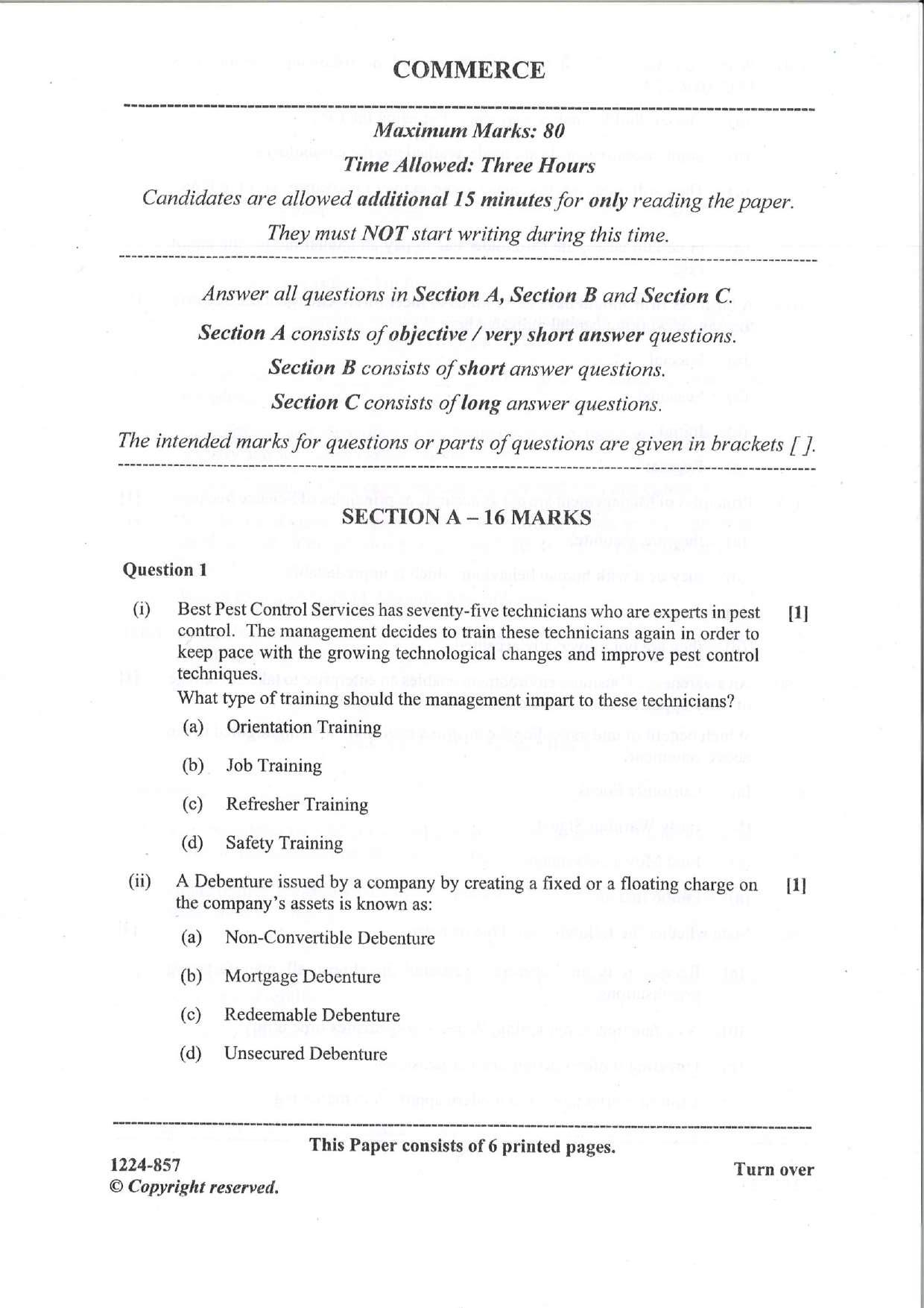 ISC Class 12 Commerce 2024 Question Paper - Page 1