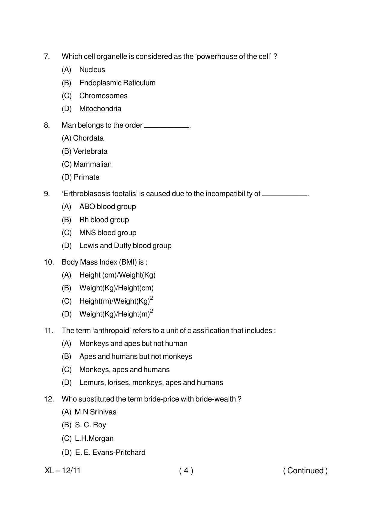 Odisha CPET ANTHROPOLOGY(ARTS) 2020 Question Paper - Page 4