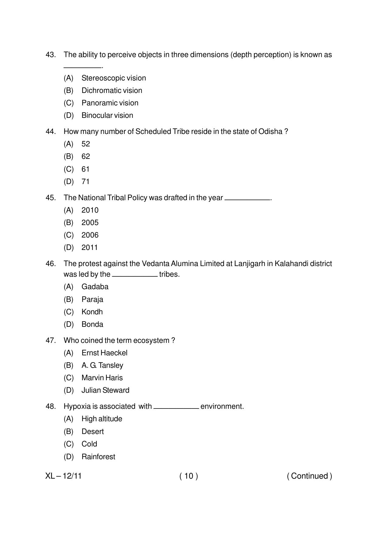 Odisha CPET ANTHROPOLOGY(ARTS) 2020 Question Paper - Page 10