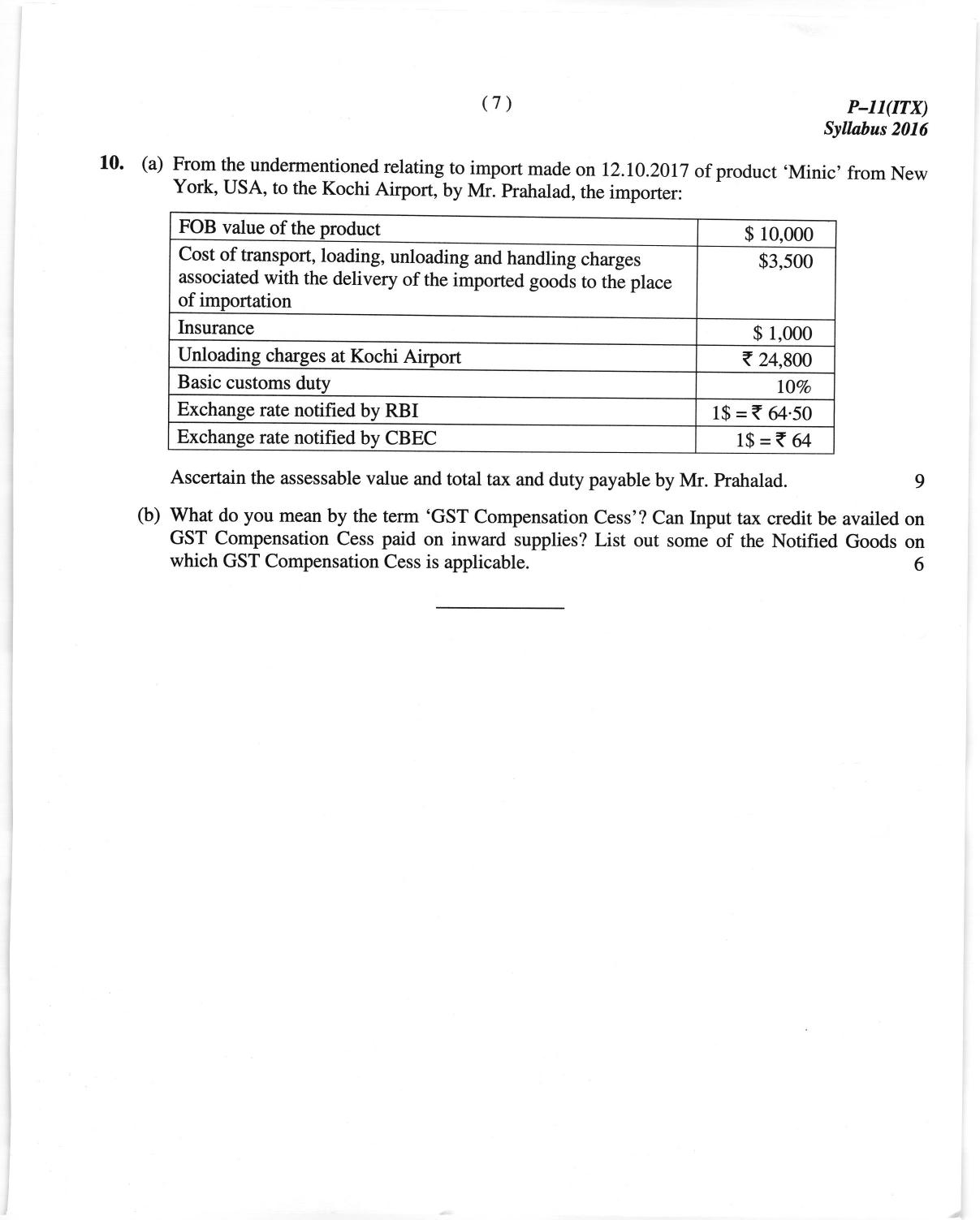 ICMAI June 2018 Indirect Taxation Question Paper  - Page 7