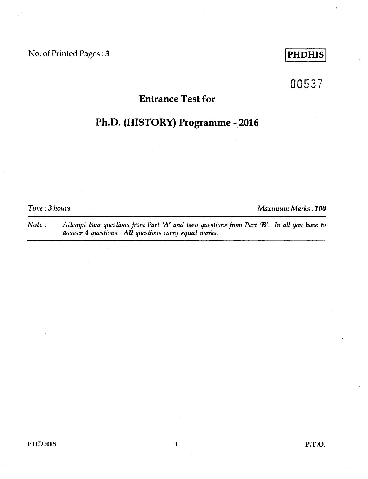 IGNOU PhD Entrance Test Ph.D (History) 2016 Question Paper - Page 1