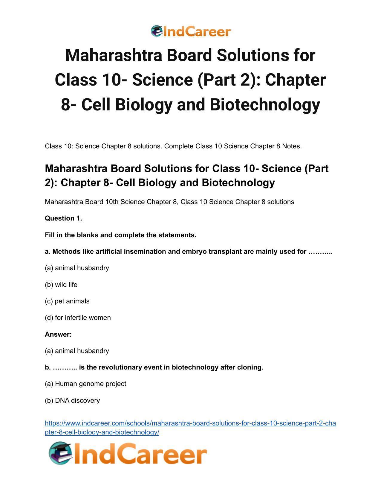 Maharashtra Board Solutions for Class 10- Science (Part 2): Chapter 8- Cell Biology and Biotechnology - Page 2