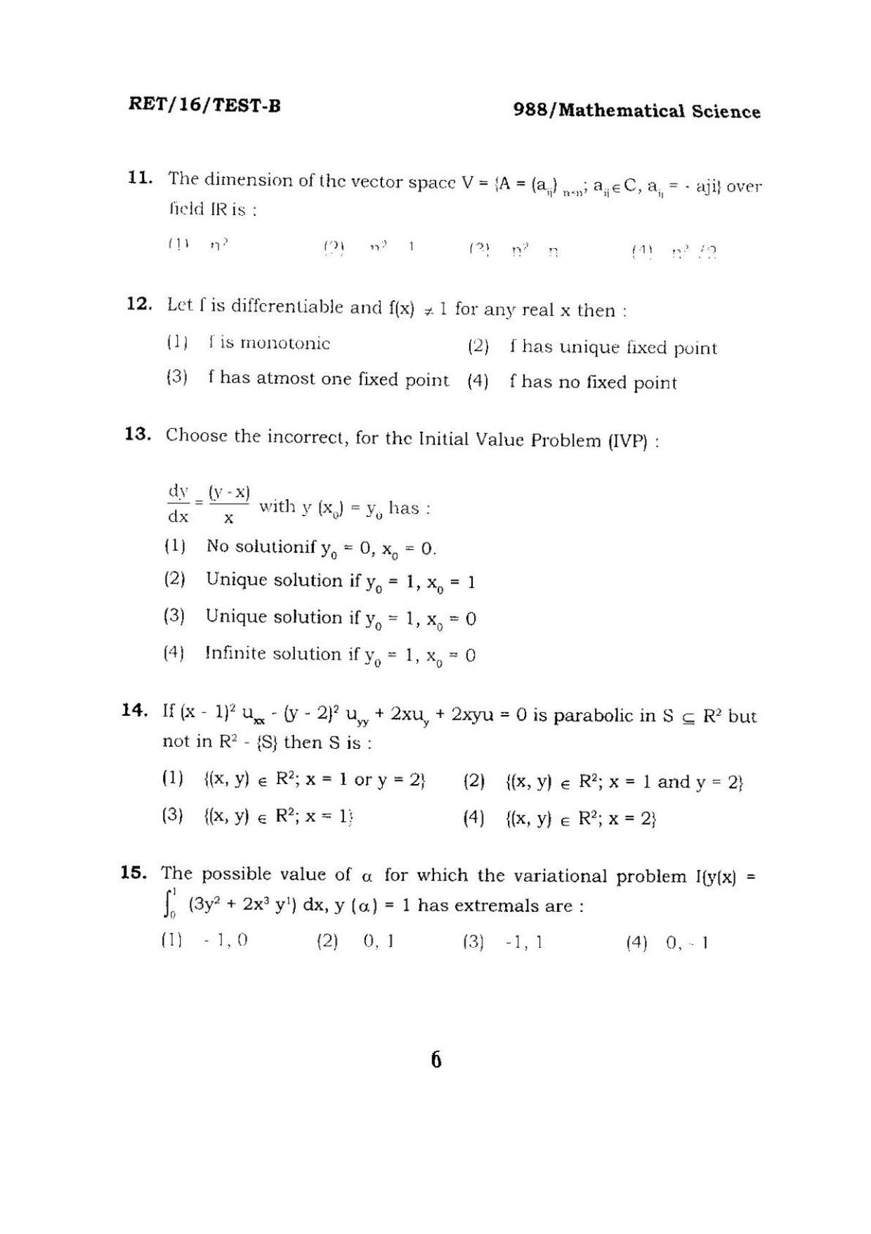 BHU RET Mathematical Science 2016 Question Paper  - Page 6