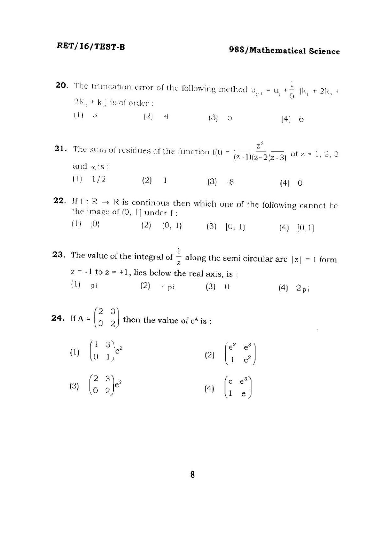 BHU RET Mathematical Science 2016 Question Paper  - Page 8