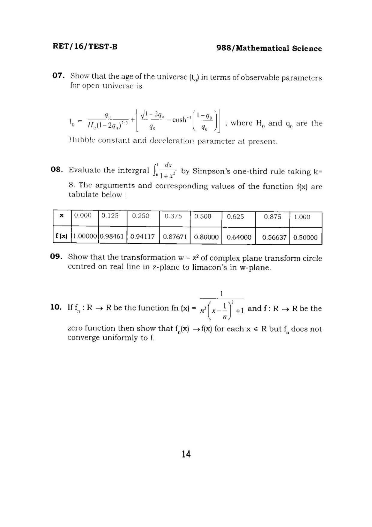 BHU RET Mathematical Science 2016 Question Paper  - Page 14