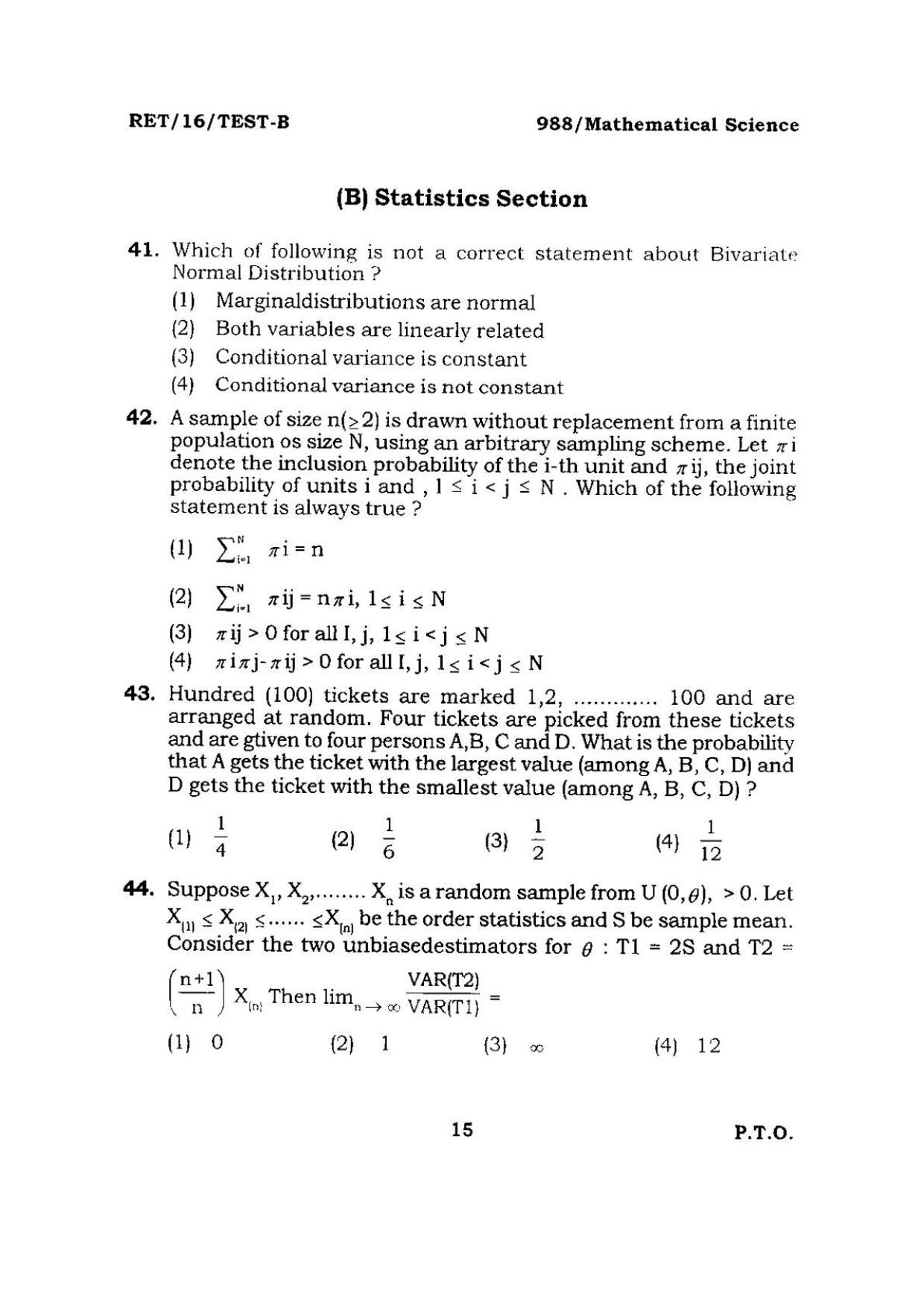 BHU RET Mathematical Science 2016 Question Paper  - Page 15
