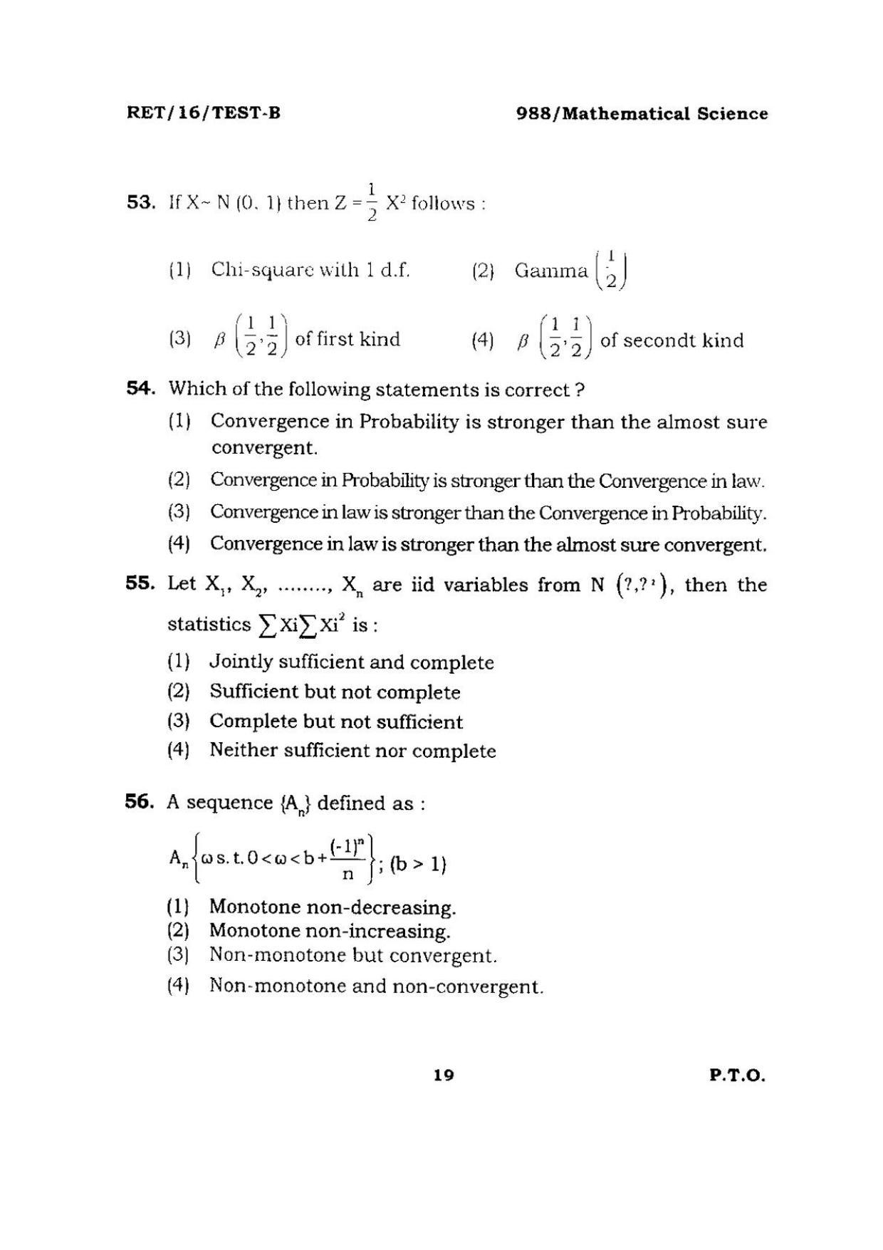 BHU RET Mathematical Science 2016 Question Paper  - Page 19