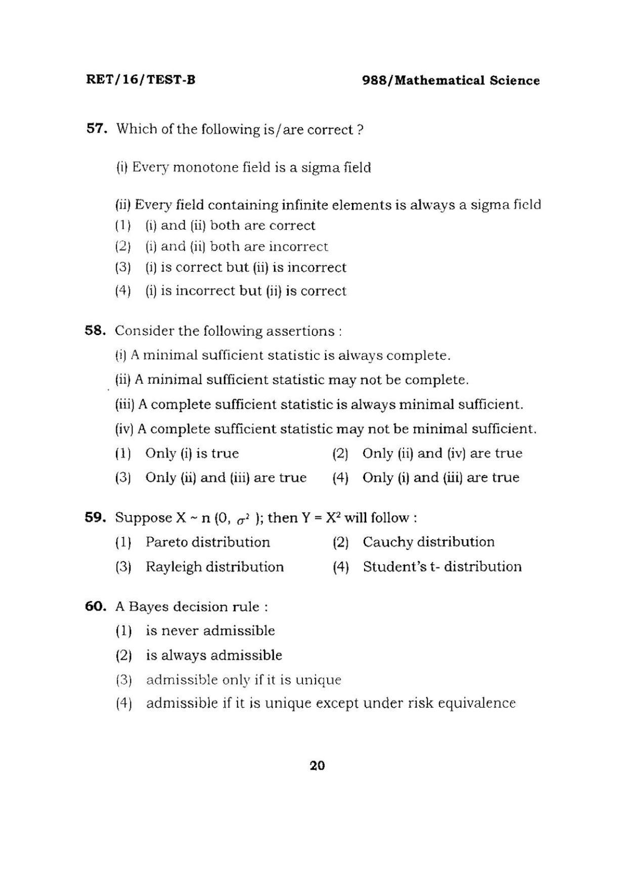 BHU RET Mathematical Science 2016 Question Paper  - Page 20