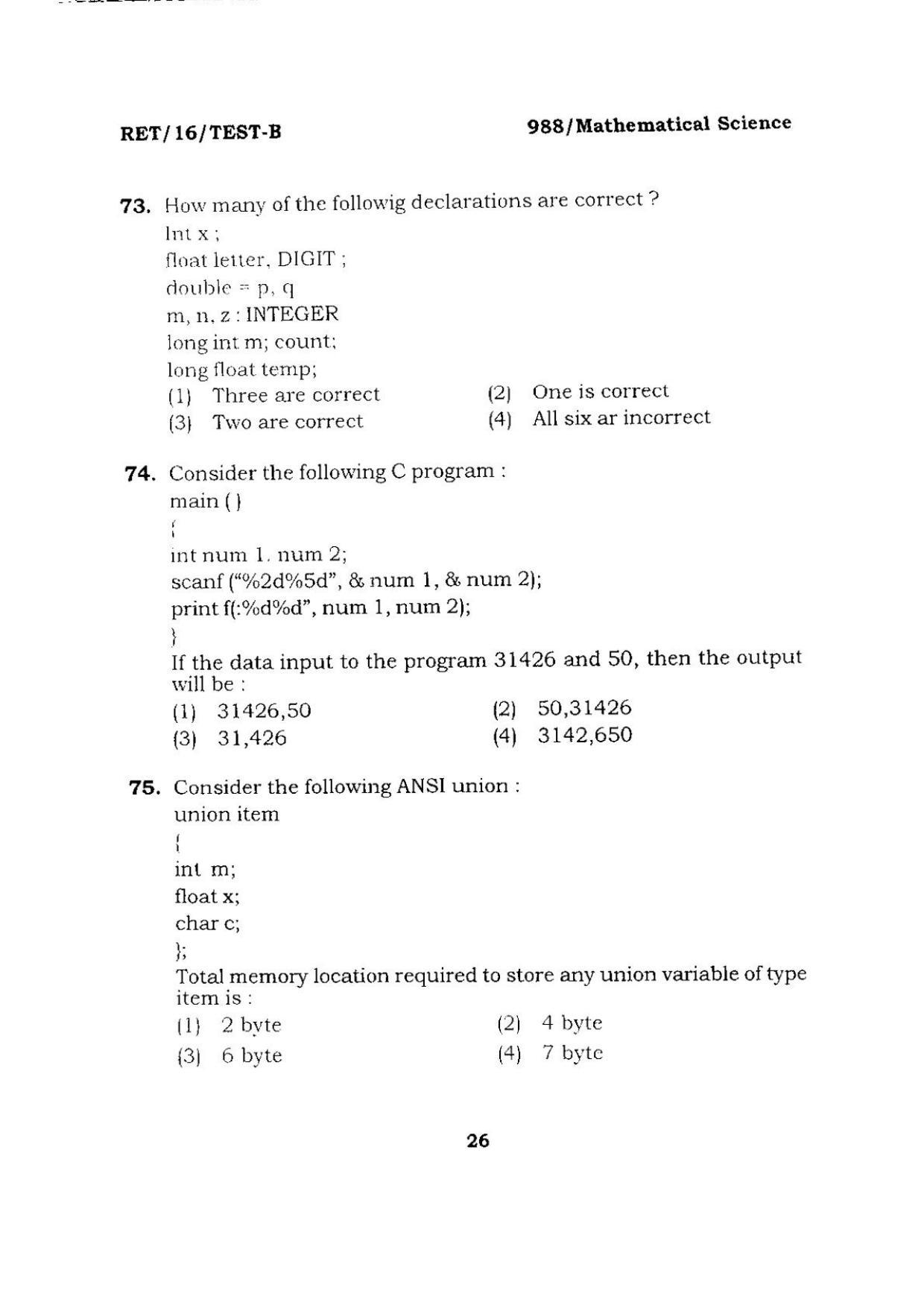 BHU RET Mathematical Science 2016 Question Paper  - Page 26