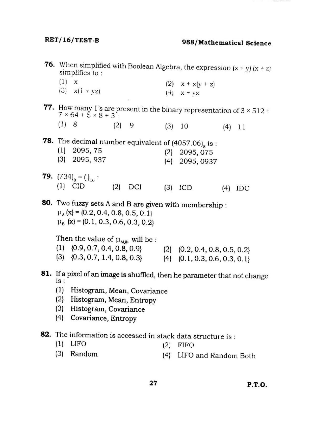 BHU RET Mathematical Science 2016 Question Paper  - Page 27