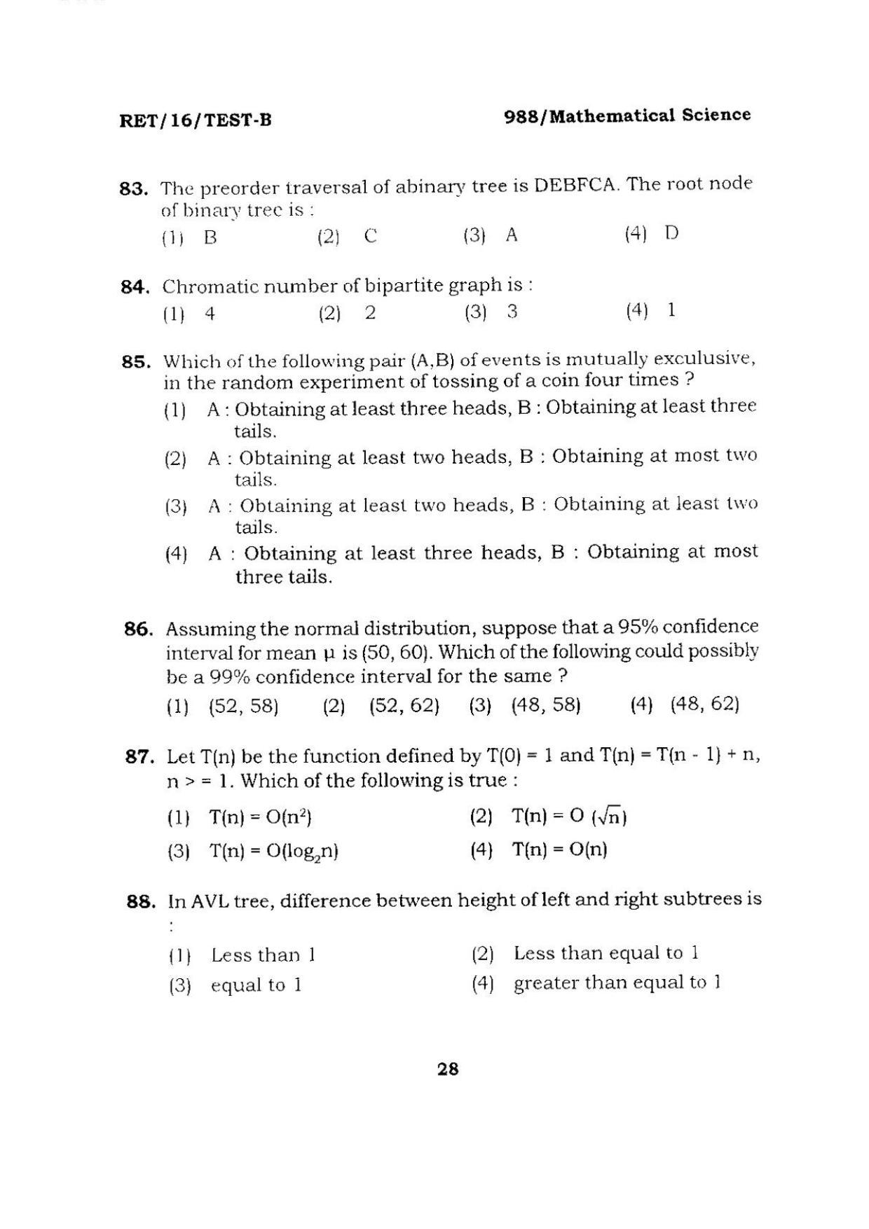 BHU RET Mathematical Science 2016 Question Paper  - Page 28