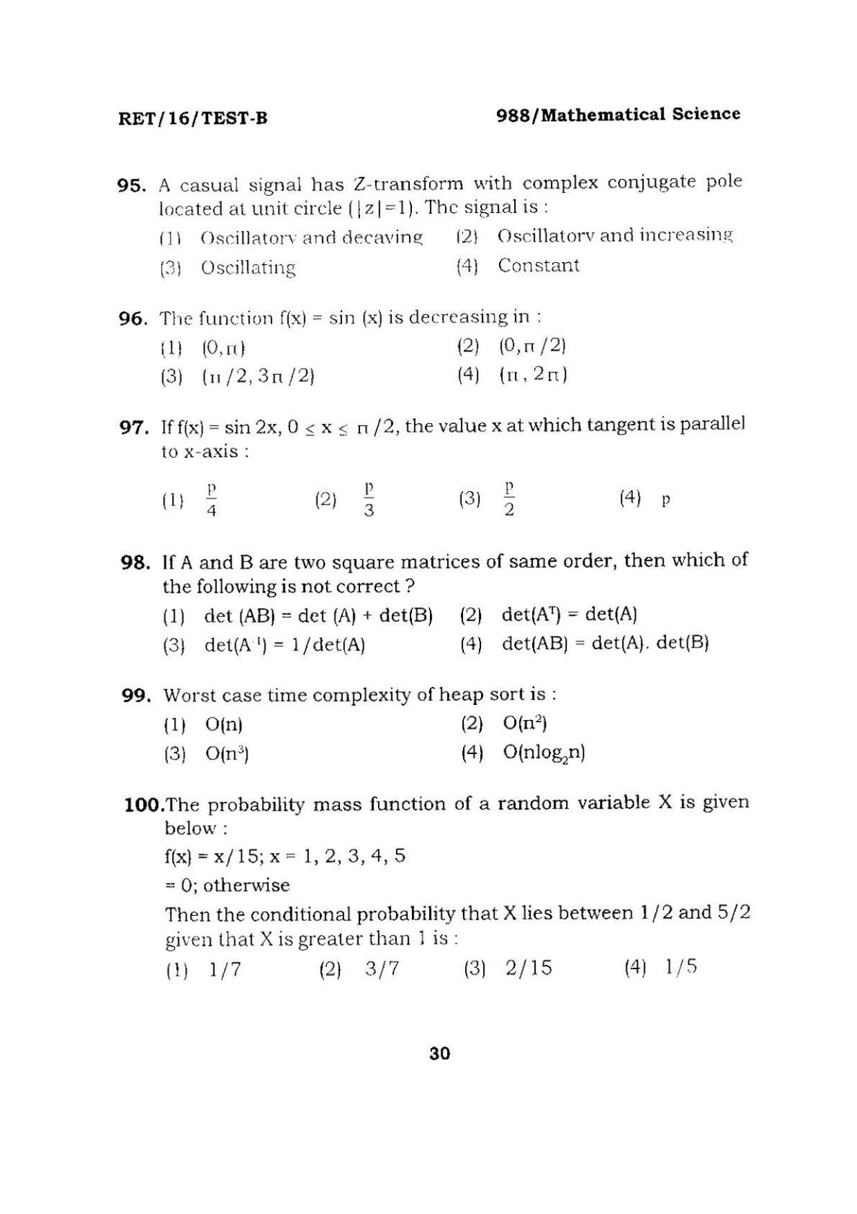 BHU RET Mathematical Science 2016 Question Paper  - Page 30