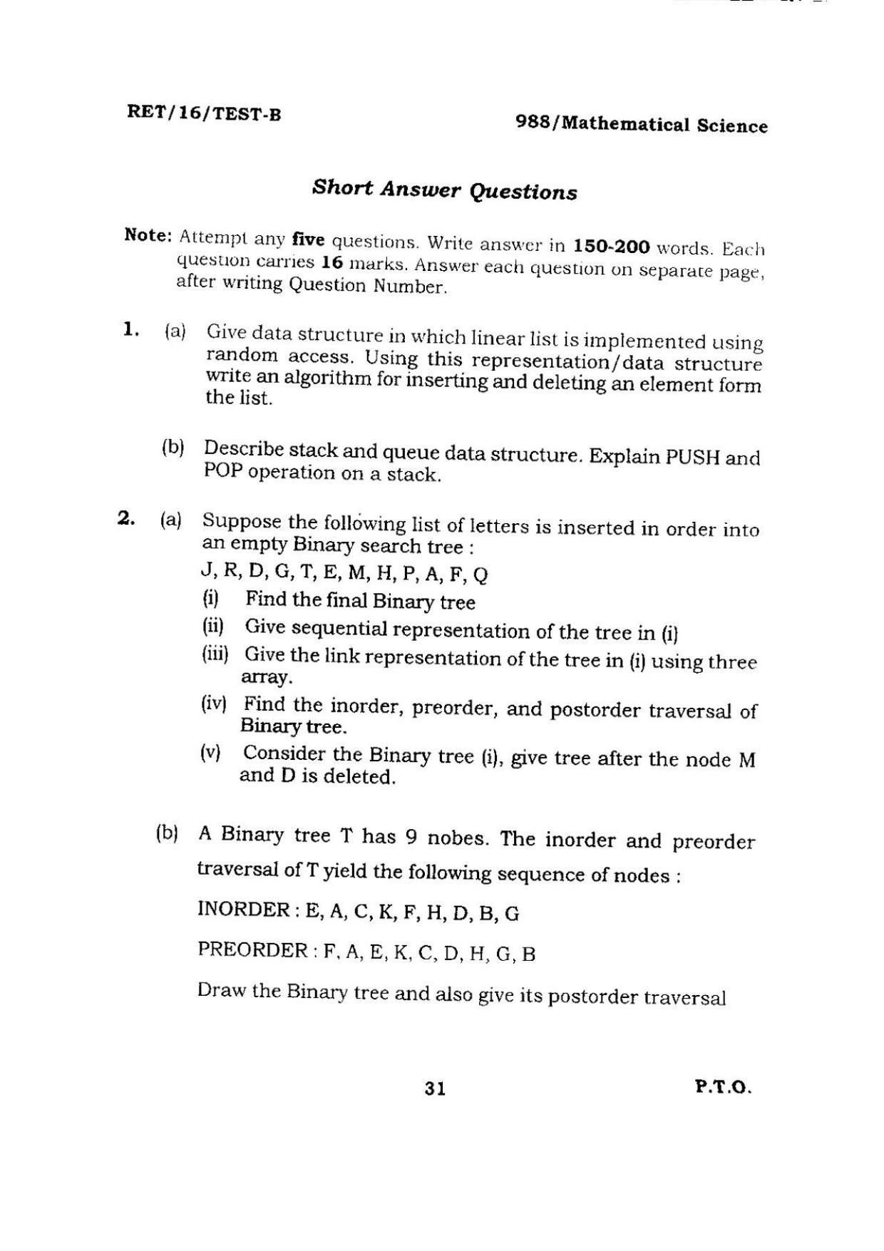 BHU RET Mathematical Science 2016 Question Paper  - Page 31