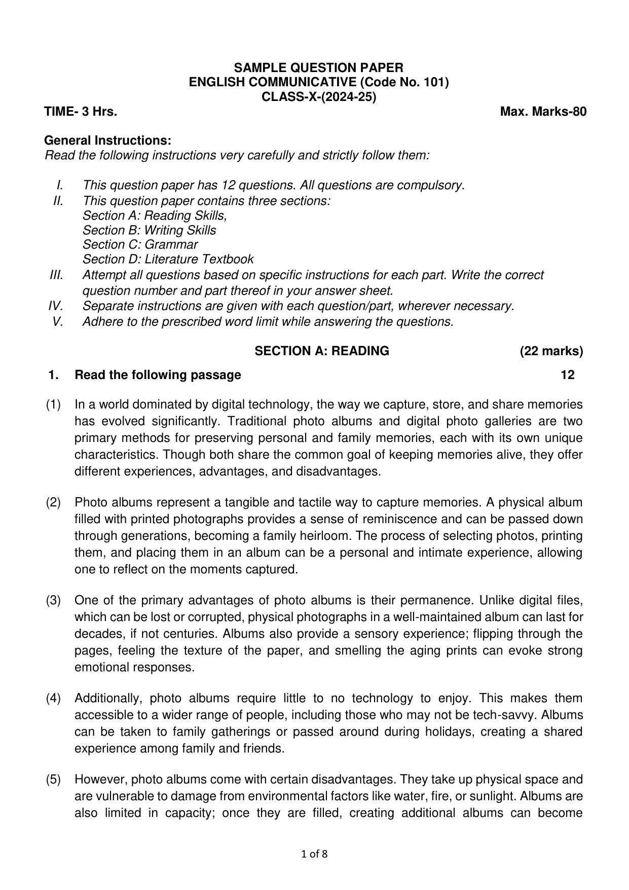 CBSE Class 10 English (Communicative) Sample Paper 2025 - Page 1