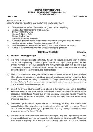 CBSE Class 10 English (Communicative) Sample Paper 2025