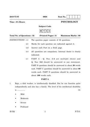 Goa Board Class 12 Psychology (June 2019) Question Paper