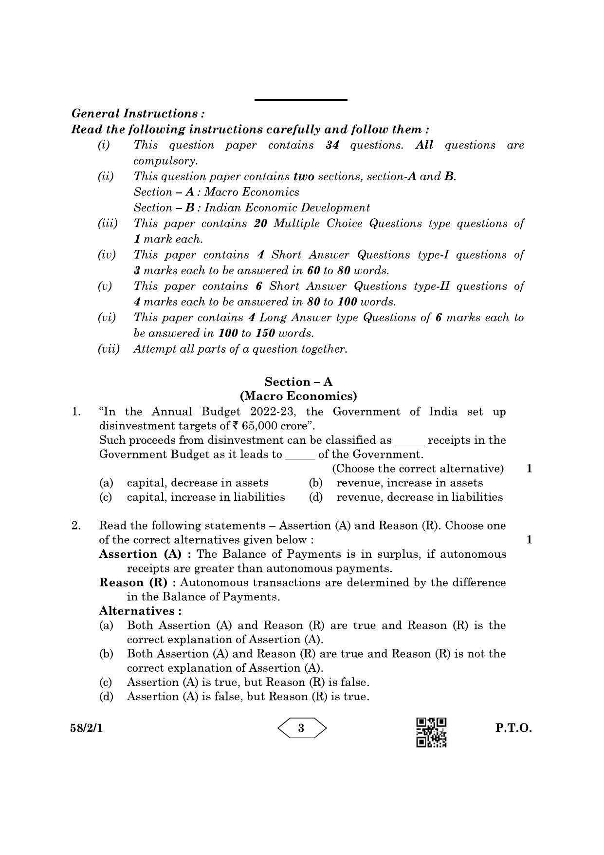 CBSE Class 12 58-2-1 Economics 2023 Question Paper - Page 3