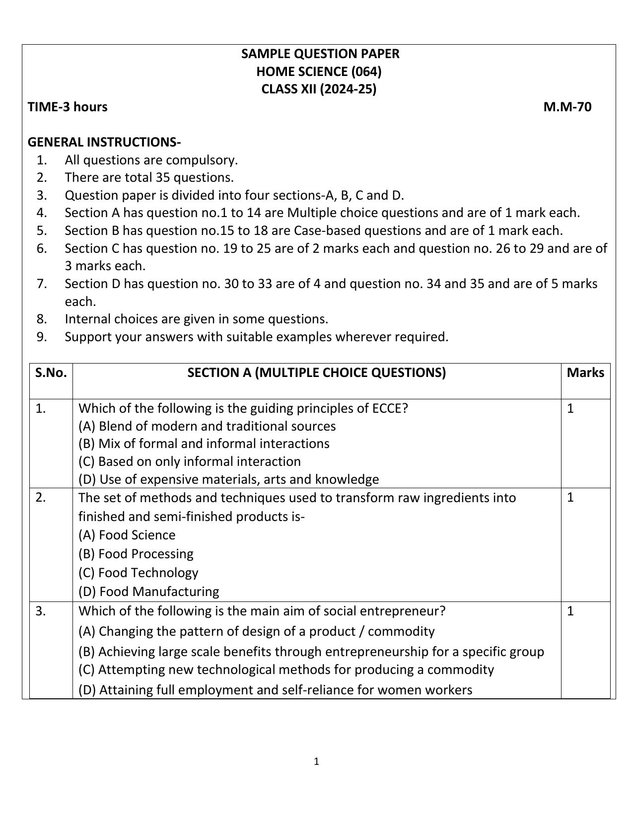 CBSE Class 12 Home Science Sample Question Paper 2024-25 - Page 1