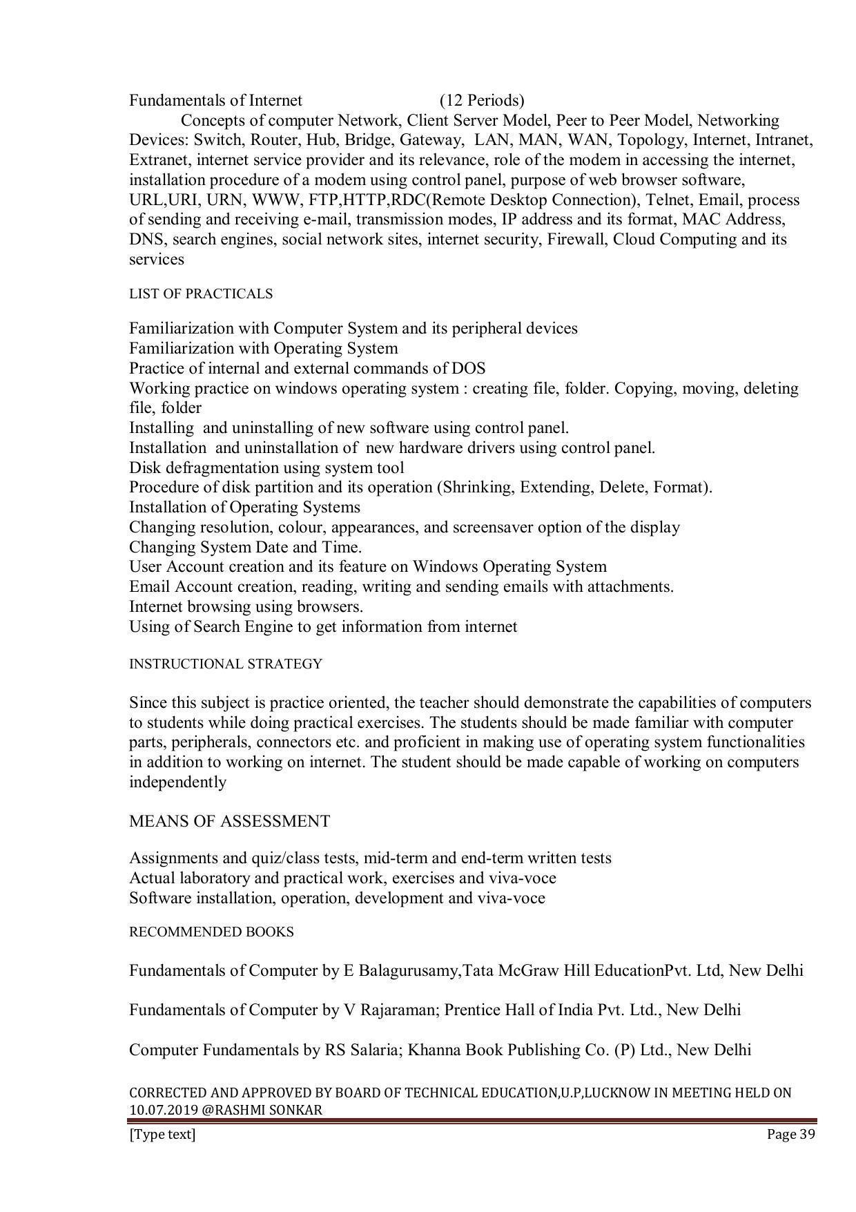 EFFECTIVE FROM JULY 2019-20 - SIX SEMESTER DIPLOMA COURSE IN INFORMATION TECHNOLOGY - Page 39