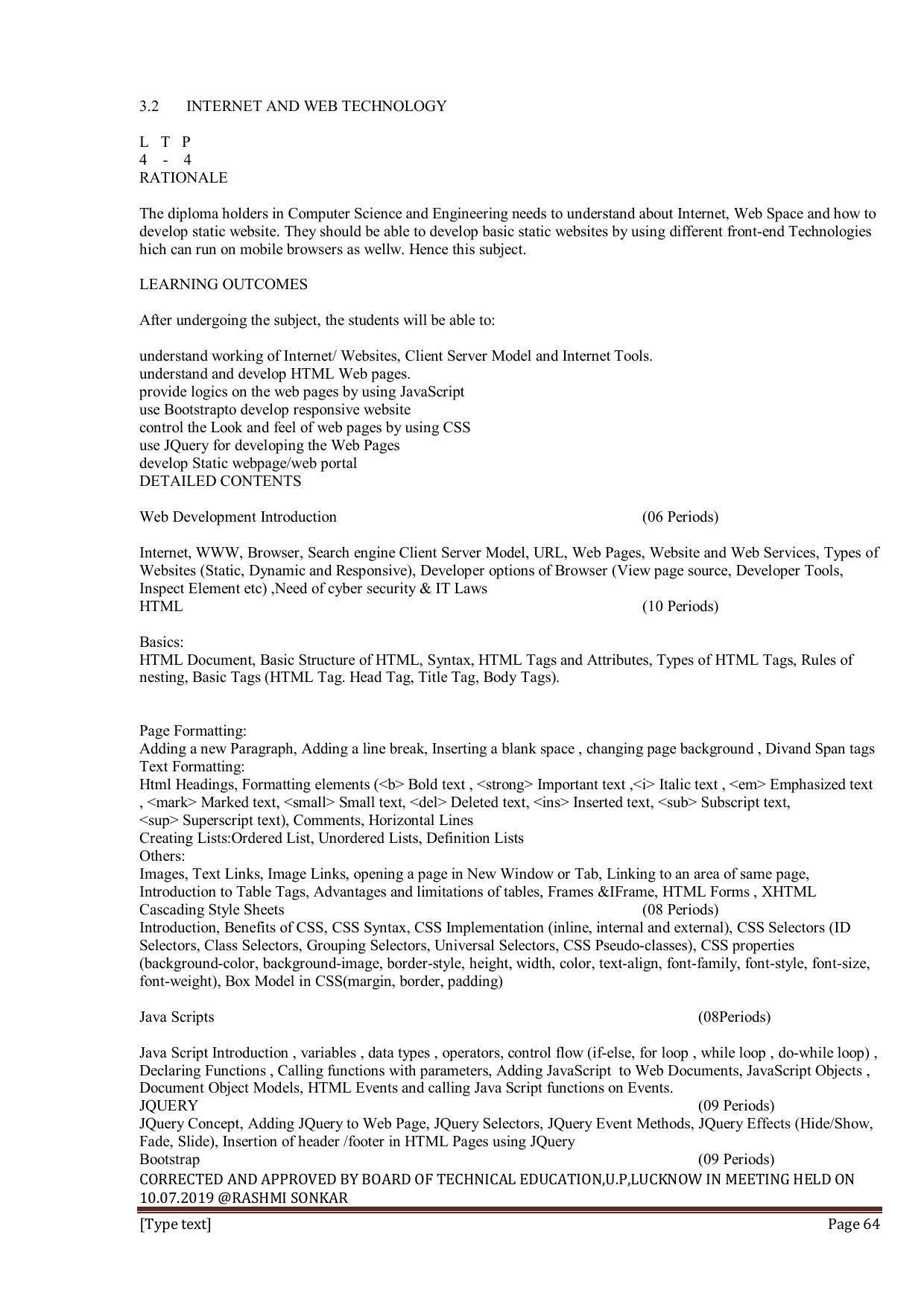 EFFECTIVE FROM JULY 2019-20 - SIX SEMESTER DIPLOMA COURSE IN INFORMATION TECHNOLOGY - Page 64