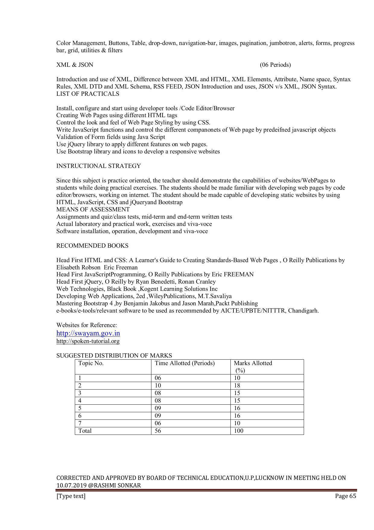 EFFECTIVE FROM JULY 2019-20 - SIX SEMESTER DIPLOMA COURSE IN INFORMATION TECHNOLOGY - Page 65